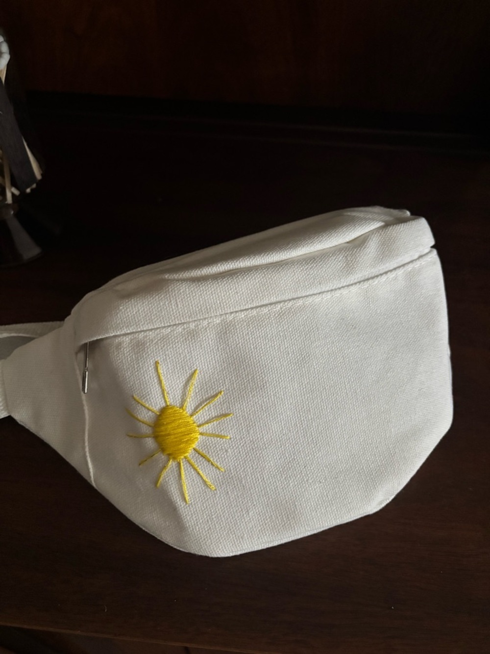 White Canvas Belt Bag with Yellow Sun Hand Embroidery